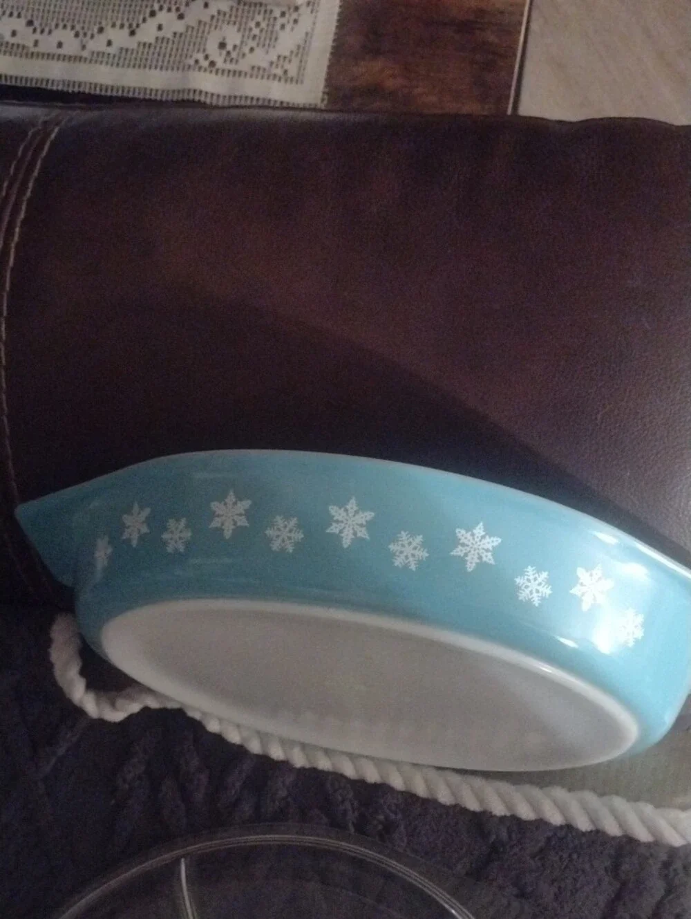 Pyrex Light Turquoise Blue with Snowflake Design Divided Casserole Dish with Lid